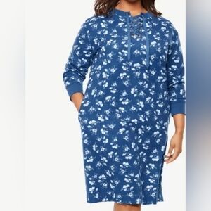 Blue Floral Lace-Up Front Fleece Dress